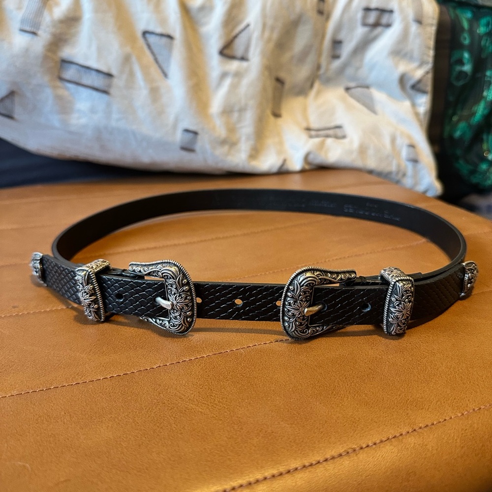 The Kooples Elegant Black Waist Belt with Silver Western-Inspired Buckles Size S